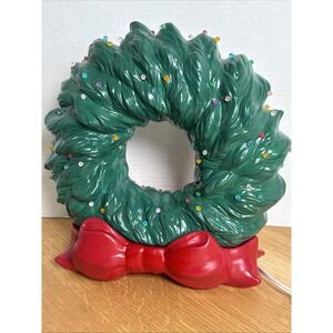 Vintage 2 PcCeramic Mold Light Up Wreath w/Red BowBase HandPainted Christmas 12"